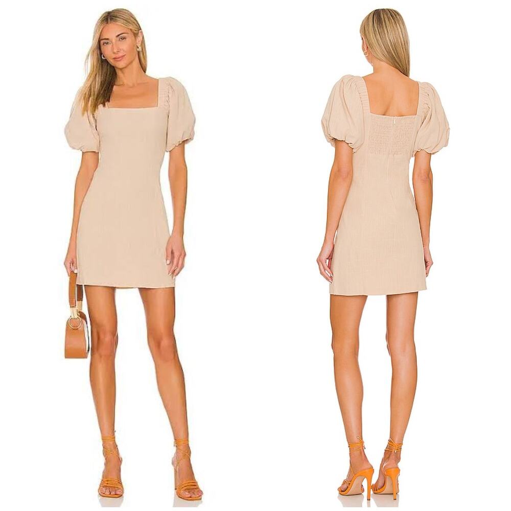 NWT SNDYS Tuscany Linen Puff Sleeve Mini Dress Beige Size S